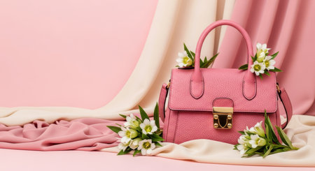 Elegant pink leather handbag displayed with white spring flowers against soft pastel draped fabric background.の素材