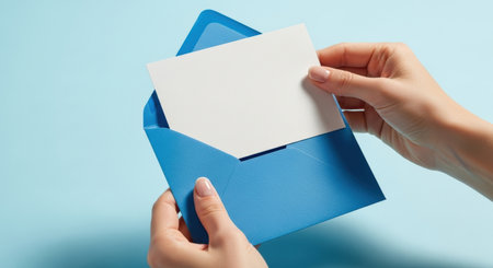 Hands holding blank white card and opening blue envelope against pastel background for message, invitation or announcement concept.の素材