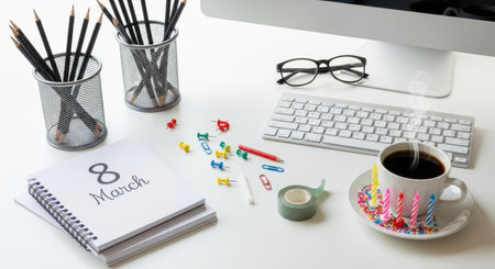 Workplace desk with coffee cup decorated by birthday candles, march 8 planner, keyboard and stationery in bright morning light.の素材