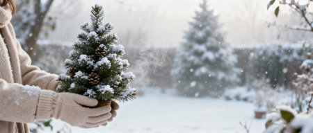 Snowy winter garden with person holding small decorated fir tree outdoors on a cold festive morning with gentle falling snowflakes.の素材