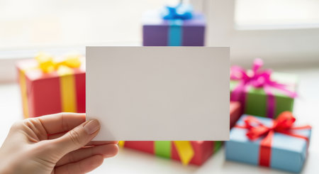 Blank white greeting card in hand with colorful wrapped gift boxes in background for celebration, surprise, birthday or festive message.の素材