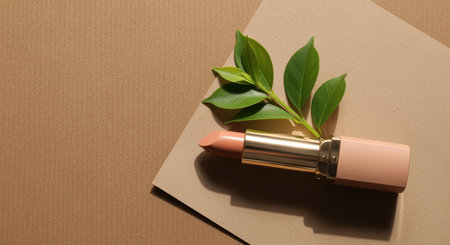 Soft nude lipstick with green leaves on layered kraft paper background highlighting natural beauty and minimal eco friendly cosmetic concept.の素材