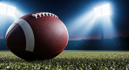 American football lying on illuminated stadium field under bright floodlights at night with dramatic sky and blurred background.の素材