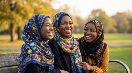 Three young women in colorful hijabs sitting on a bench outdoors, laughing together on a bright sunny day in a green park.の素材
