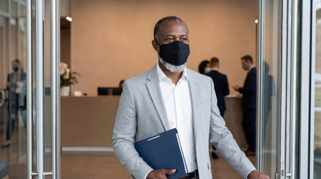 Businessman wearing face mask leaving modern office building, holding folder, maintaining professional safety during workday.の素材