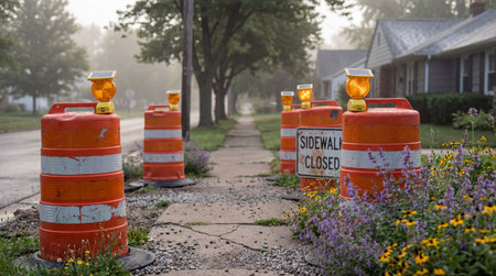 Orange construction barrels with solar warning lights blocking a sidewalk closed for repair in a suburban neighborhood during early morning.の素材