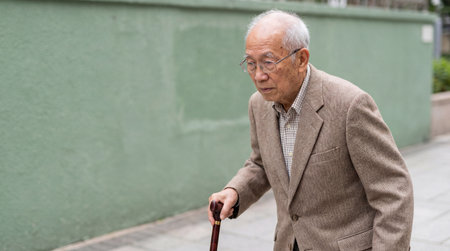 Elderly man walking outdoors with a cane along a city sidewalk, dressed in a beige suit and glasses on a calm day.の素材
