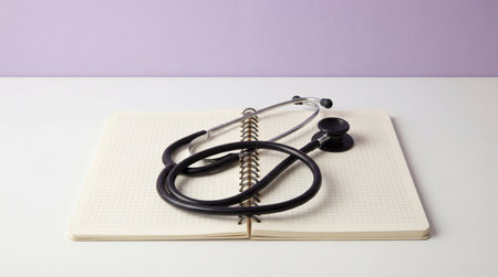 Medical stethoscope resting on open squared notebook against pastel purple background symbolizing healthcare planning and education.の素材