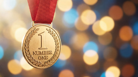 Gold number one medal with red ribbon against festive blurred lights celebrating success, victory, leadership and first place achievement.の素材