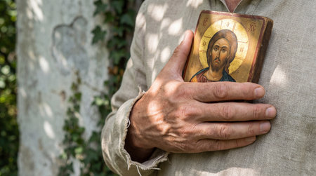 Man holding small religious icon close to chest outdoors, symbolizing faith, devotion and spiritual connection in natural peaceful setting.の素材