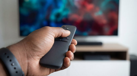 Hand holding remote control while browsing channels on modern television in living room entertainment setup with colorful blurred screen.の素材