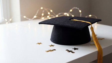 Graduation cap with golden tassel on white desk surrounded by festive confetti and warm fairy lights celebrating academic achievement.の素材