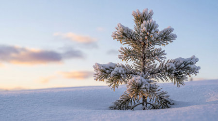 Snow covered evergreen tree standing in peaceful winter landscape at sunrise with soft pastel sky and fresh untouched white snow.の素材