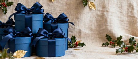 Elegant blue gift boxes with navy ribbons arranged on linen fabric with festive holly branches and golden leaves for holiday celebration.の素材