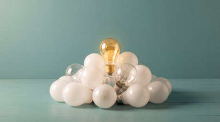 Glowing light bulb standing out among unlit white bulbs on turquoise background symbolizing creativity and innovative leadership.の素材