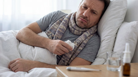 Sick middle aged man with fever resting in bed wearing scarf and holding tissue beside thermometer and medicine on bedside table.の素材