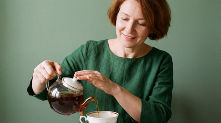 smiling middle aged woman in green dress pouring hot tea from glass teapot into white cup against simple green background.の素材