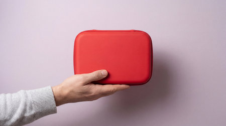 Male hand holding small red rectangular travel case against pastel pink wall background in minimalist closeup composition.の素材
