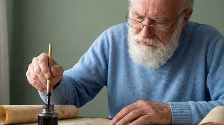 elderly man writing with ink pen on parchment scroll at wooden table in quiet room, focused on calligraphy and historical documents.の素材