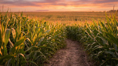 Narrow dirt path through lush green cornfield at golden sunset with vibrant sky and endless agricultural landscape.の素材
