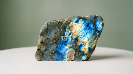 Polished labradorite mineral specimen with vivid blue and gold iridescent flashes displayed on white surface against soft green background.の素材