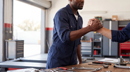 auto mechanic in blue coveralls shaking hands with colleague in workshop garage with tools on workbench and vehicle service area.の素材