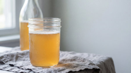 Lightly carbonated kombucha in a mason jar on a linen cloth beside a bottle near a bright window in a minimalist kitchen.の素材