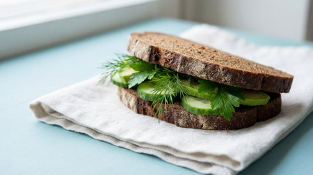 Rustic cucumber herb sandwich on whole grain bread resting on linen cloth by bright window in natural light minimalist kitchen.の素材