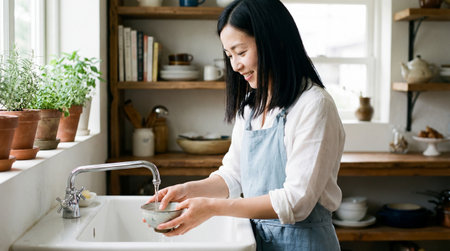 Smiling woman washing dishes at a bright kitchen sink surrounded by potted plants and rustic wooden shelves in natural daylight.の素材
