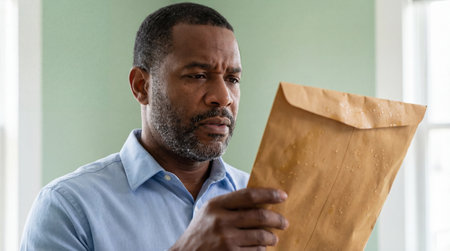 Concerned middle aged man examining sealed brown envelope indoors with serious expression and natural window light.の素材