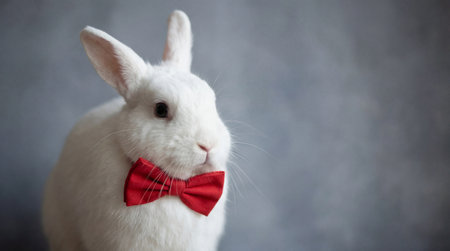 Elegant white rabbit wearing a red bow tie sitting against a soft gray background in gentle natural studio lighting.の素材