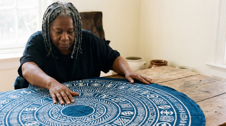 Elderly woman carefully arranging a patterned indigo textile on rustic wooden table in bright sunlit room with handcrafted pottery nearby.の素材