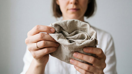 Natural linen cloth held in hands by person in white shirt, showcasing texture, neutral colors and minimalist sustainable lifestyle concept.の素材