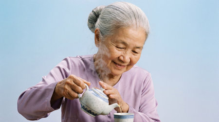 Gentle senior woman happily pouring hot tea into a cup, relaxing with warm beverage against soft pastel background and serene atmosphere.の素材