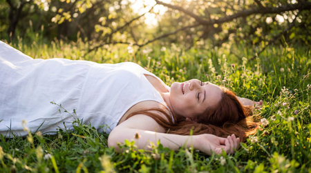 Relaxed red haired woman lying in sunlit meadow, enjoying peaceful afternoon surrounded by green grass and blooming nature.の素材