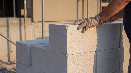 construction worker stacking lightweight concrete blocks at building site during foundation work in warm evening sunlight.の素材