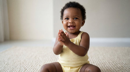 Smiling baby sitting on soft carpet at home clapping hands in yellow romper with natural light and neutral background.の素材