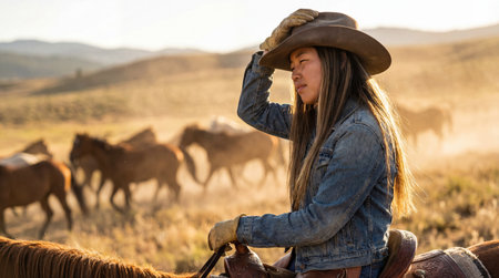 Young female cowboy riding a horse at sunset on dusty ranch trail with herd of horses moving across golden countryside.の素材