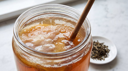 Fermenting kombucha tea in glass jar with wooden spoon and visible scoby on bright kitchen counter near loose green tea leaves.の素材