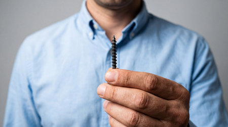 Man in blue shirt holding a single black screw between fingers, focusing on hardware detail, repair concept and precision work.の素材