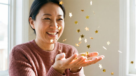 Smiling woman playing with golden star confetti indoors, joyful celebration moment with sparkling decorations and natural window light.の素材