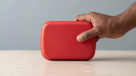 Hand holding smooth red rectangular container on neutral surface against soft gray background in minimalist closeup composition.の素材