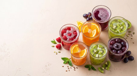 Assorted fresh fruit juices in colorful glasses with sliced citrus, berries, kiwi and grapes on light background.の素材