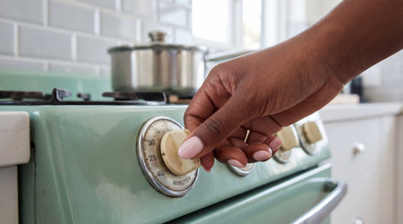 Close up of person adjusting retro kitchen oven timer dial while cooking a meal at home in a bright domestic interior.の素材