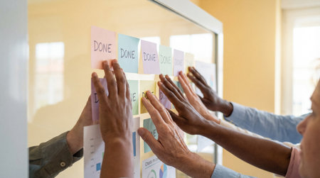 Collaborative agile team organizing project tasks on glass board with sticky notes and charts during workflow planning meeting.の素材