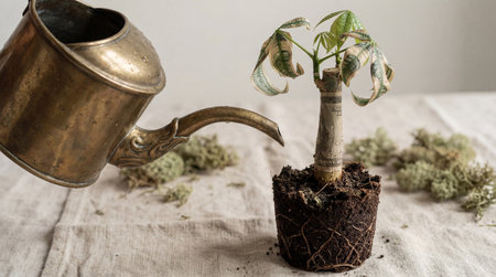 Rustic metal watering can nurturing exposed soil pot with small money tree sapling shaped from currency and delicate roots.の素材