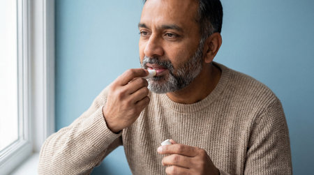Middle aged man applying lip balm indoors against blue wall, mature bearded male moisturizing dry lips with stick during winter season.の素材