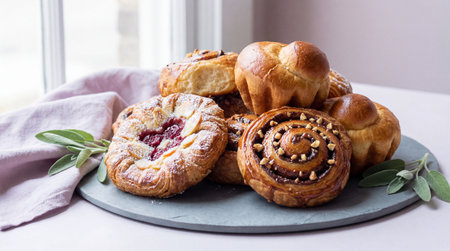 Assorted gourmet pastries arranged on slate platter with berry danish, brioche and cinnamon roll near soft window light indoors.の素材