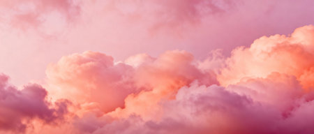 Soft pink and orange clouds illuminated by sunset light, creating a tranquil and dreamy atmospheric sky for peaceful backgrounds.の素材
