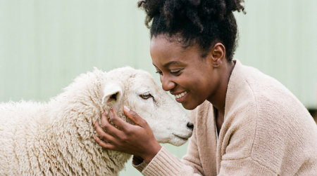 Smiling young woman gently cuddling a fluffy sheep outdoors, sharing a tender moment of connection and calm affection.の素材
